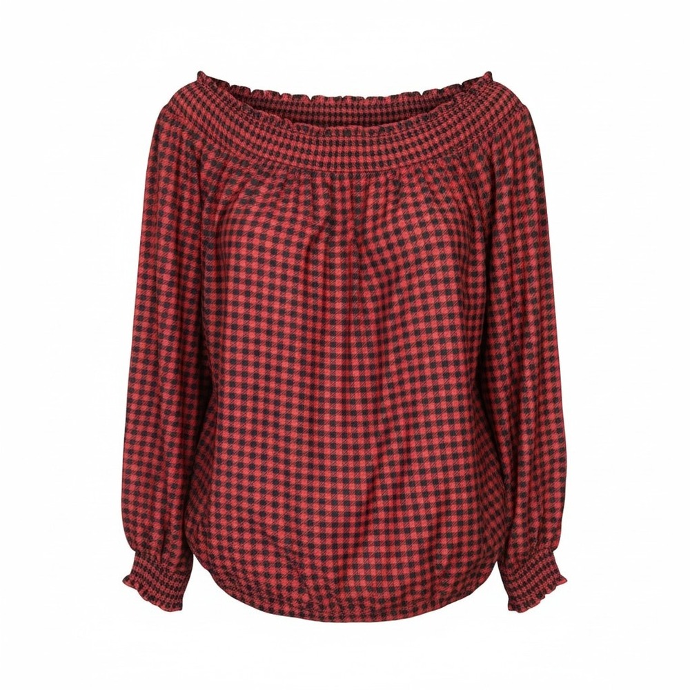 Maurices Red Black Buffalo Plaid Smocked Off Shoulder Bubble Hem Blouse 1X NEW